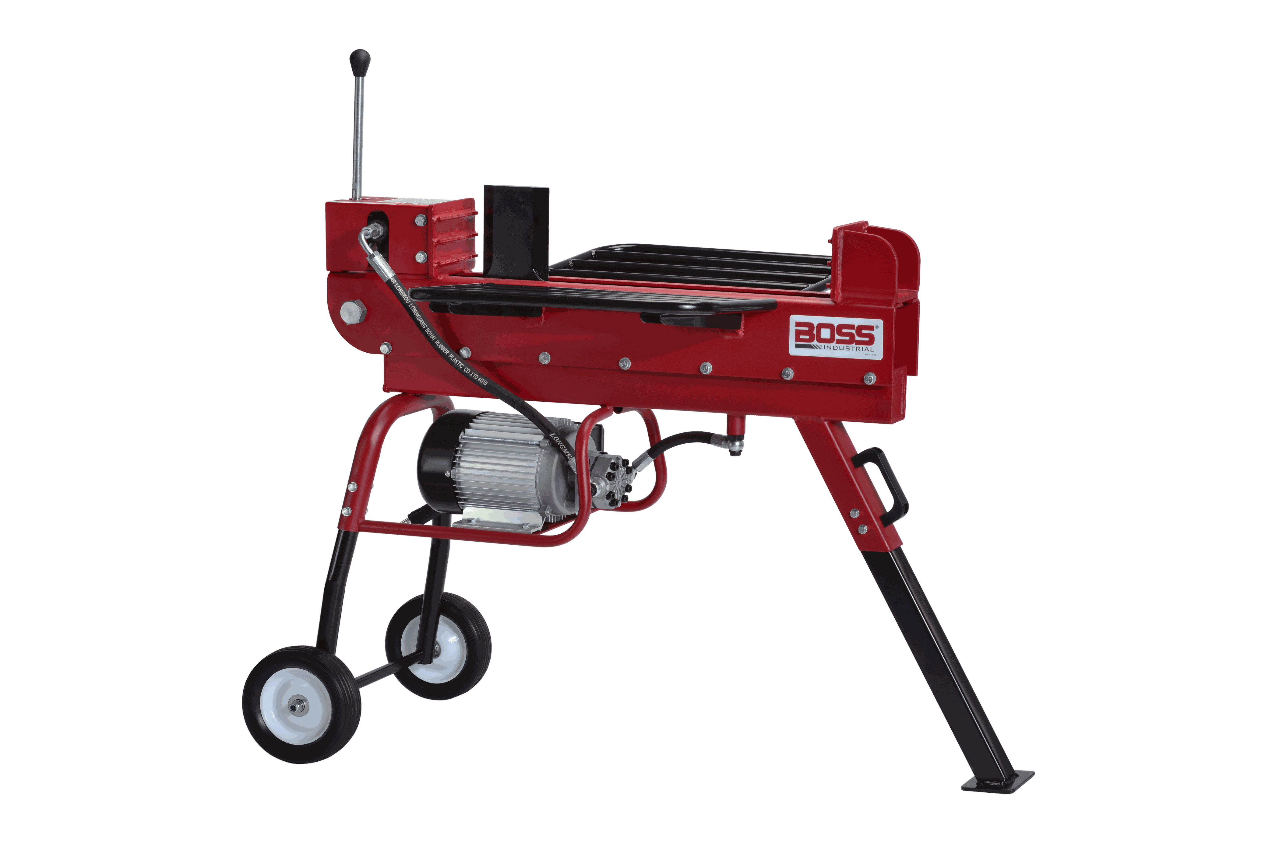 Boss Industrial 10-Ton Electric Log Splitter with 2.5 HP Motor, compact and portable design for efficient log splitting indoors and outdoors.