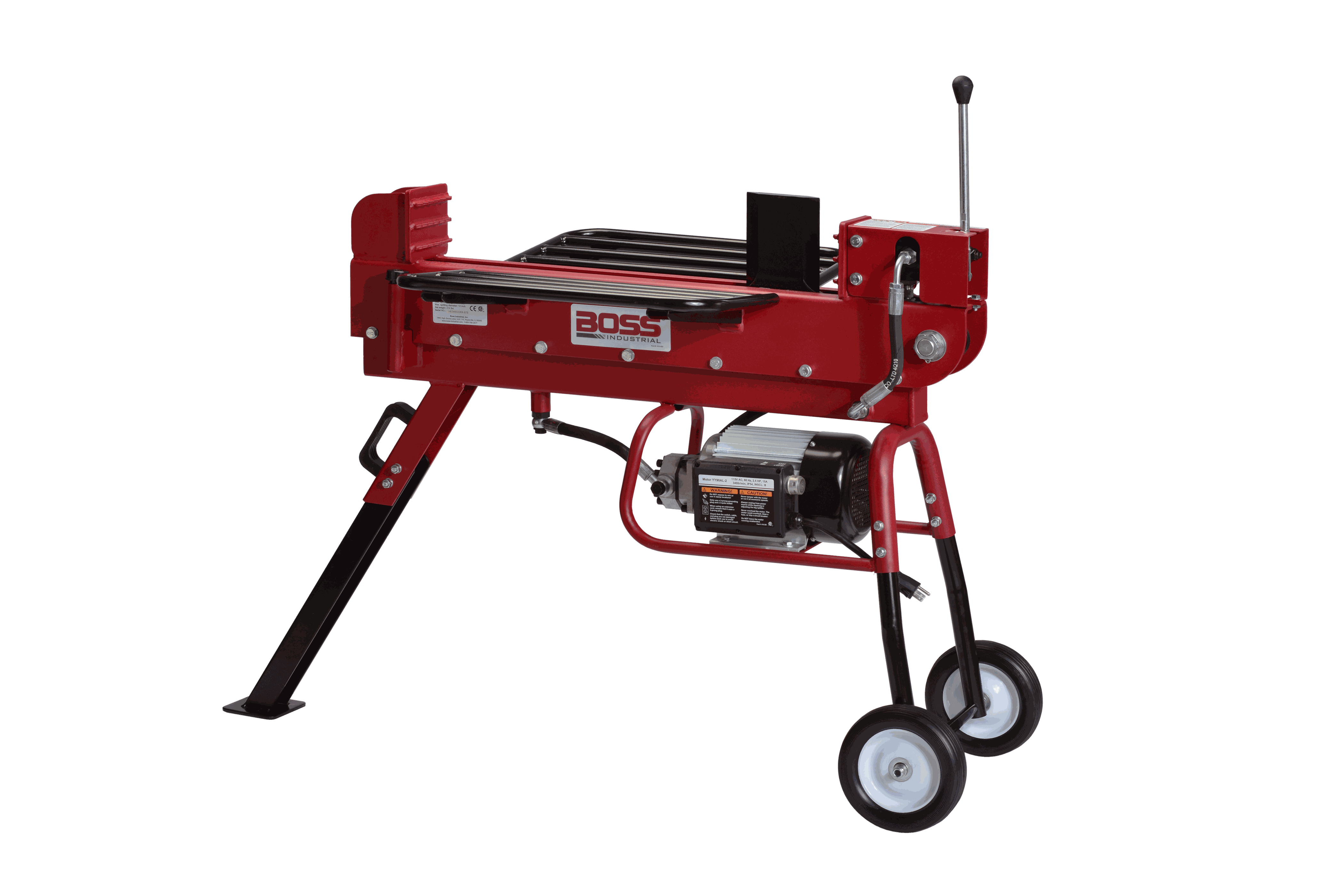 Compact Boss Industrial 10-Ton Electric Log Splitter with 2.5 hp motor for efficient wood splitting.
