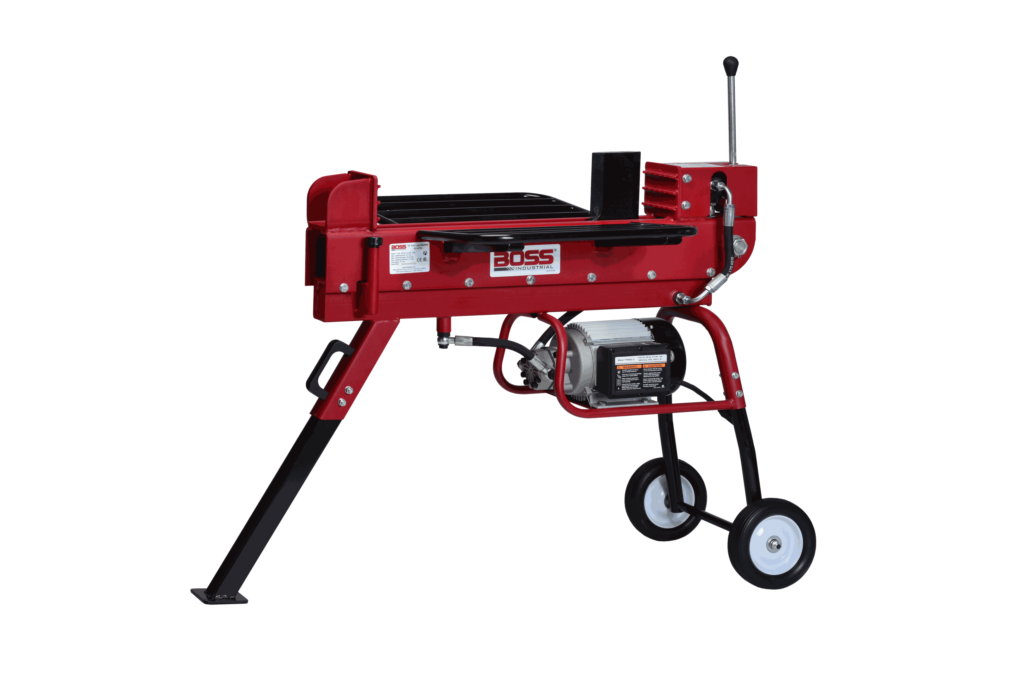 Boss Industrial 10-Ton Electric Log Splitter with wheels and 2.5 hp motor.