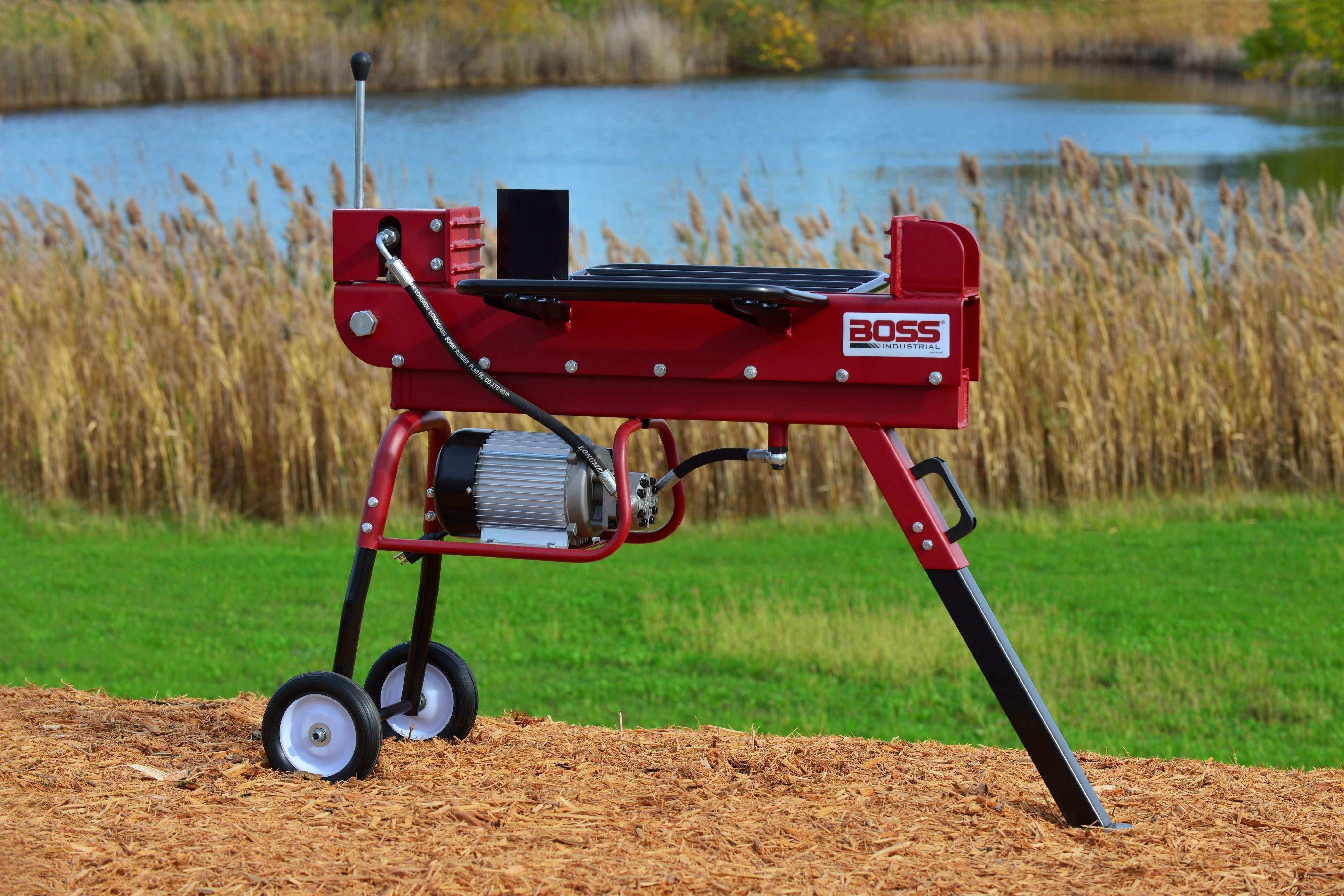 10 Ton Electric Log Splitter by Boss Industrial, professional-grade, portable, 2.5 hp motor.