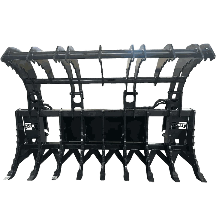 Stout XHD Root Rake Clam Grapple for skid steer, made with high-strength steel, designed for extreme durability and heavy-duty tasks.