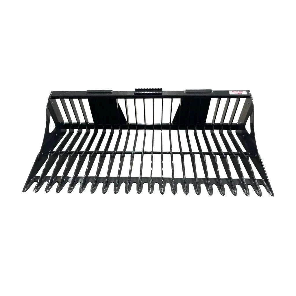 Stout Skid Steer 5550 Series rock bucket with 3-inch tine spacing, skid steer quick attach, and bolt-on side option.