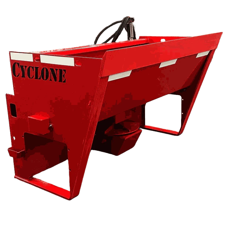 Stout Cyclone 60" Spreader with skid steer quick attach for sand, salt, and fertilizer distribution.
