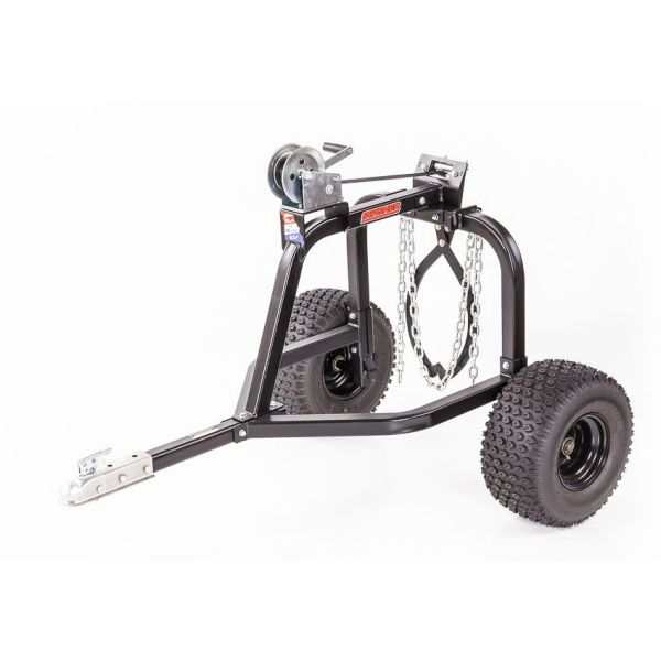 ATV Log Skidder with 1200 lb capacity, ideal for heavy-duty log hauling, featuring a steel frame, large tires, and hand-operated winch.