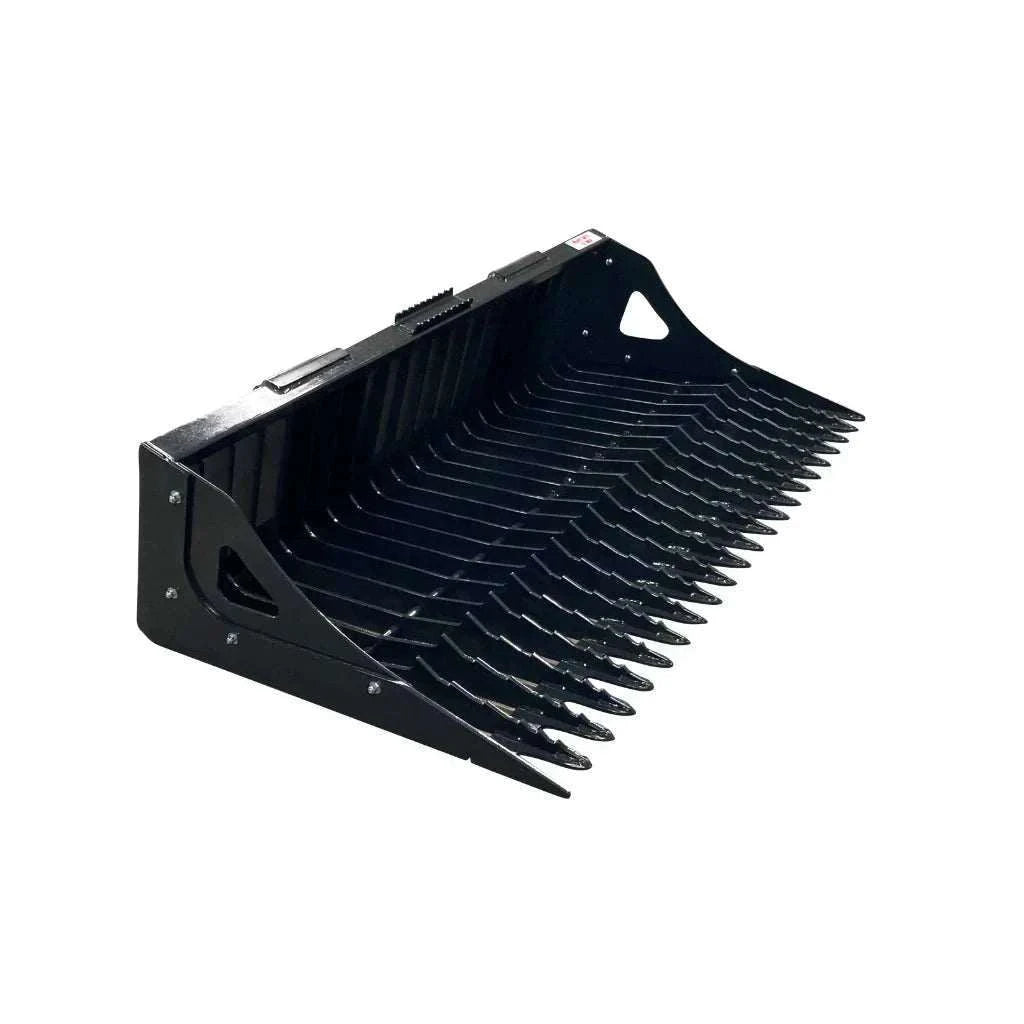 Stout 5550 Series Rock Bucket with 3" tine spacing and quick attach; durable, high-strength steel construction for efficient rock and debris sifting.