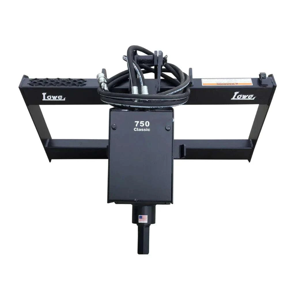 Lowe Skid Steer 750 Classic Auger with mounting plate and hose kit, featuring a 2" hex drive and durable construction for tough digging tasks.