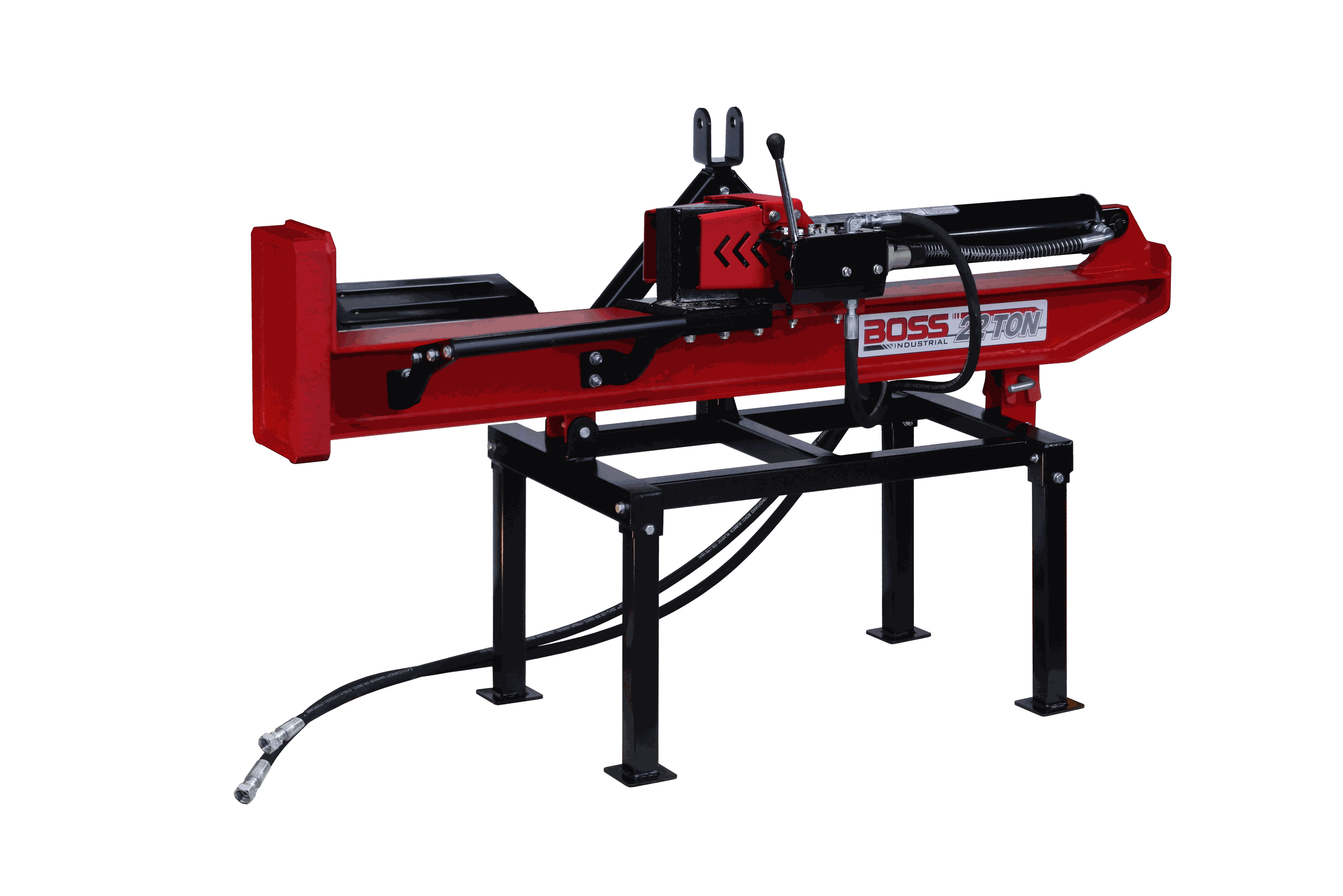 Log Splitter with dual-action operation, adjustable height, and universal fit for tractors.