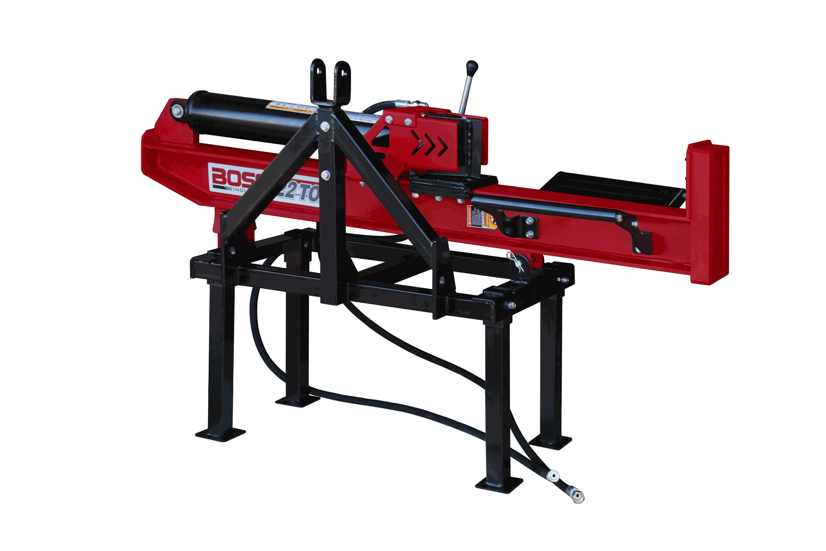Log Splitter with dual-action operation, adjustable height, and compatibility with Category 1 and 2 hitches.