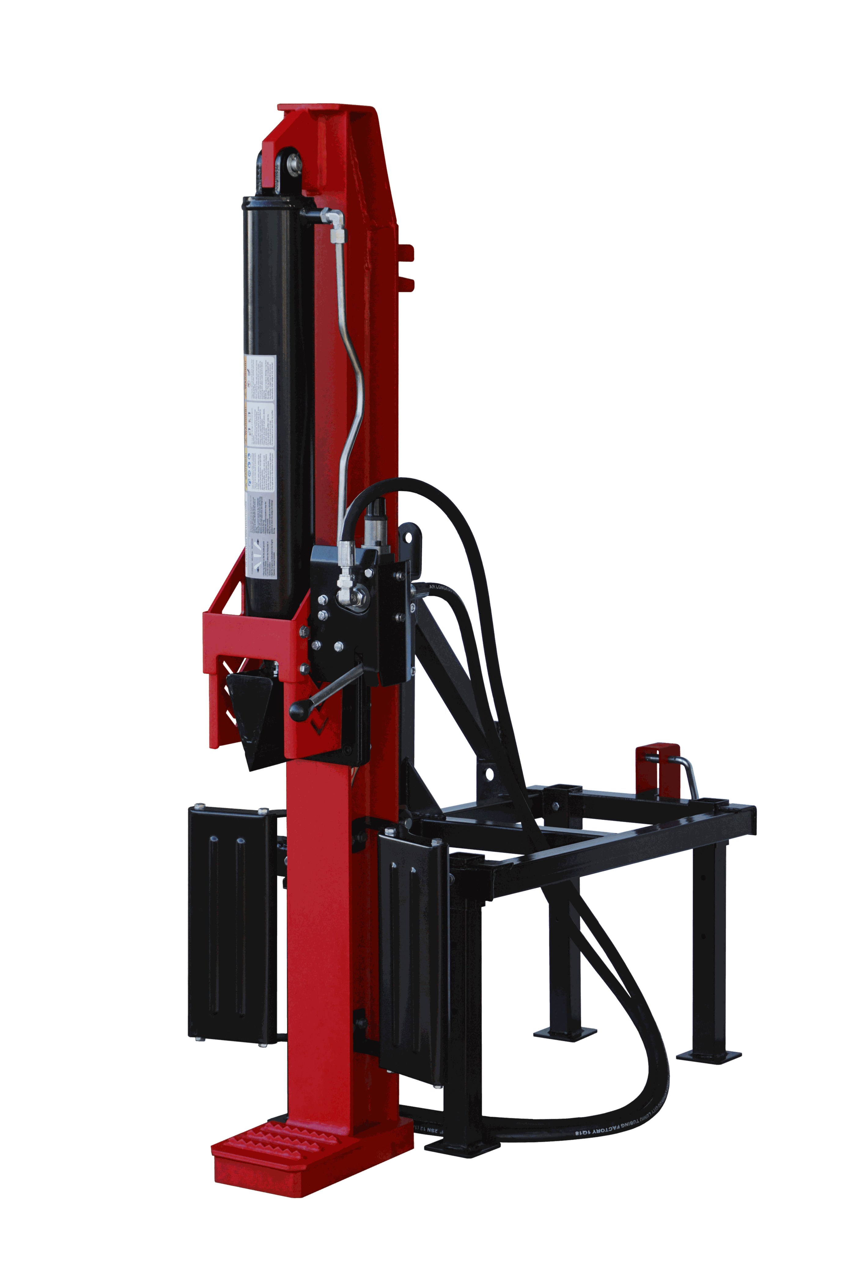 Log splitter with tractor hydraulic compatibility.