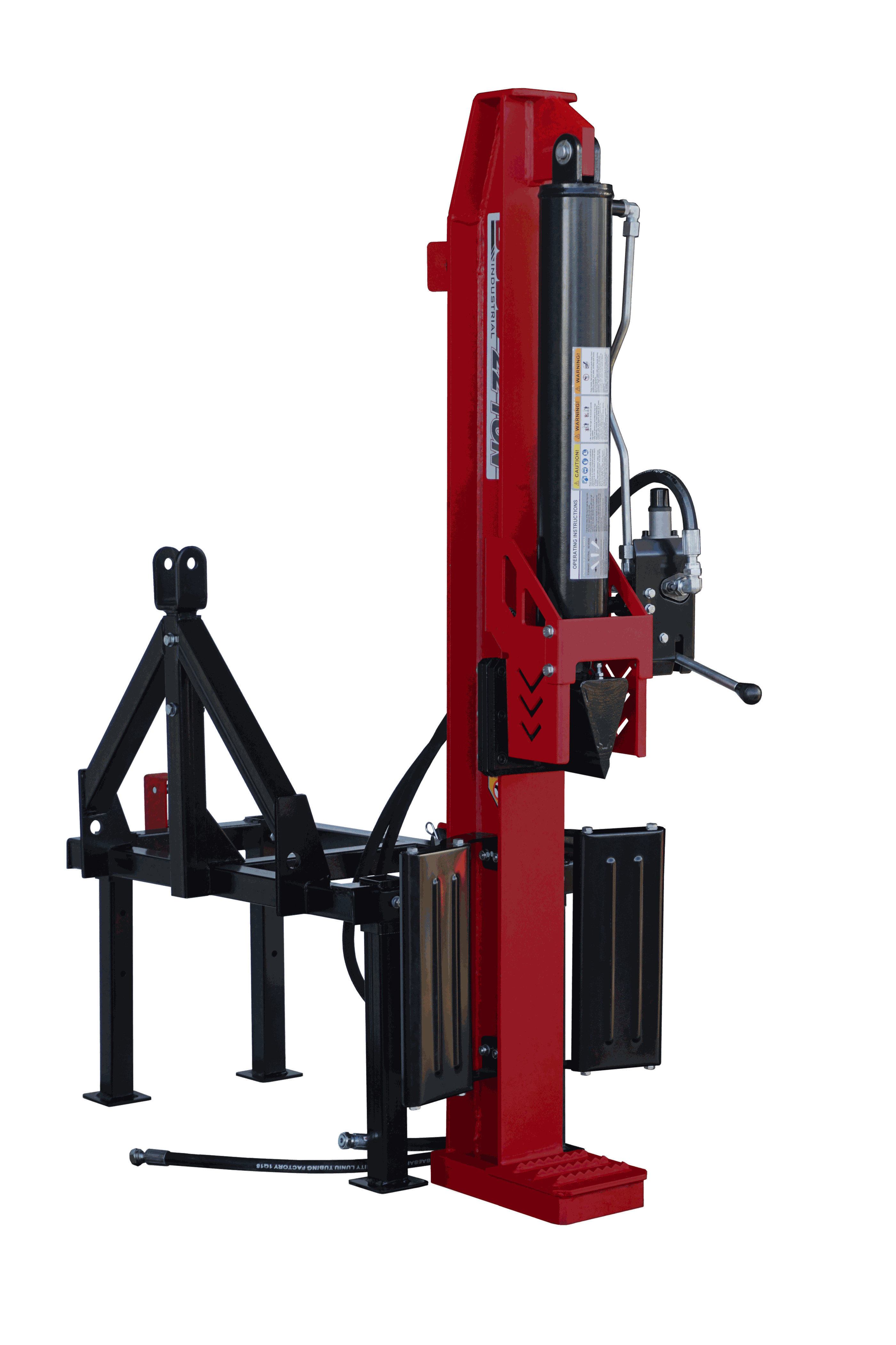 3-Point Hitch Log Splitter connected to tractor, 22-ton hydraulic power, adjustable height, dual-action operation.