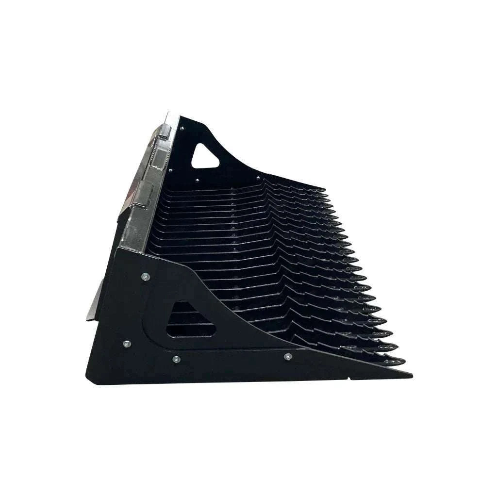 Stout Skid Steer 5550 Series Rock Bucket with 3" tine spacing and universal quick attach; heavy-duty steel construction.