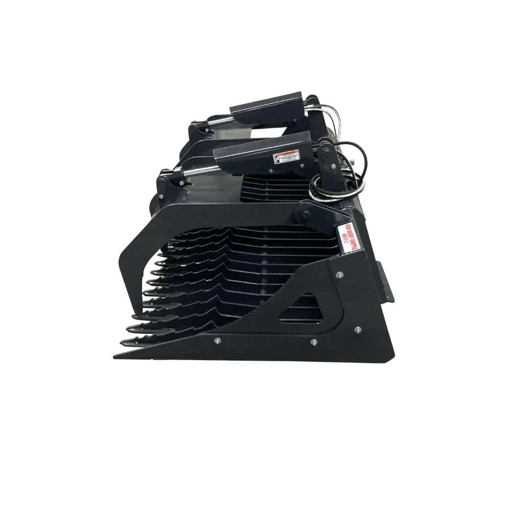 Stout Skid Steer Rock Bucket with Grapple Side Plates, high-strength steel, enhances capacity and performance.
