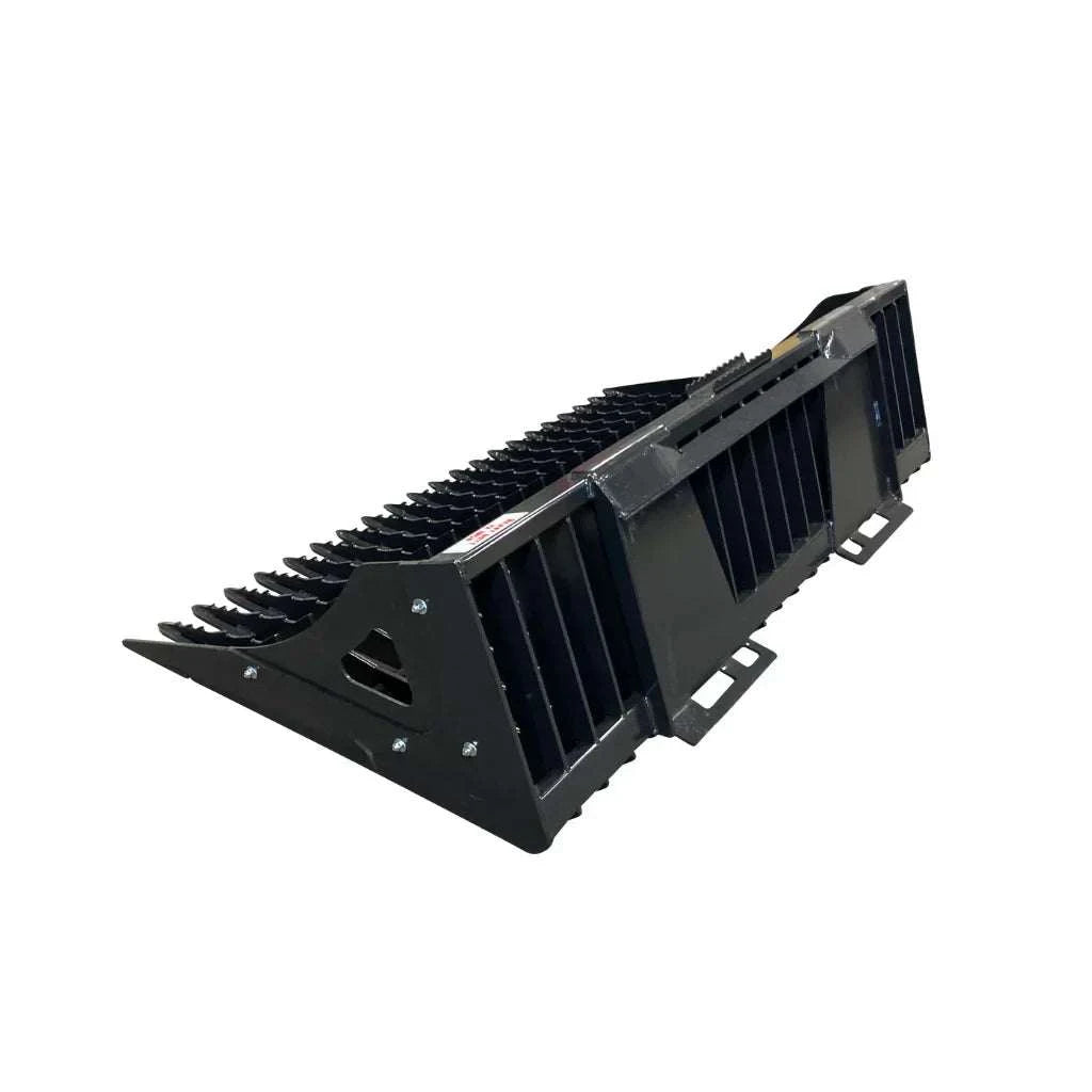 Stout Skid Steer 5550 Series Rock Bucket with 3" tine spacing, durable steel construction, and skid steer quick attach system.