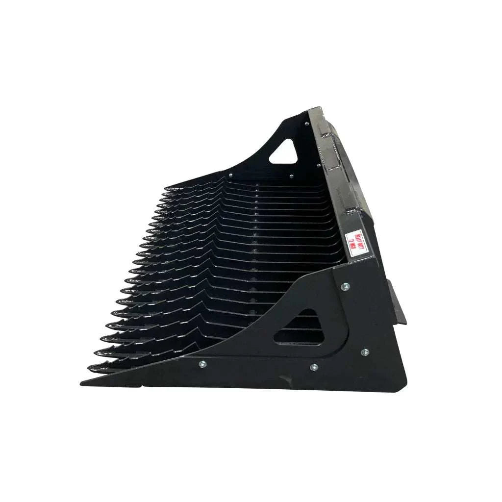 Stout 5550 Series Skid Steer Rock Bucket with 3" tine spacing and quick attach option.