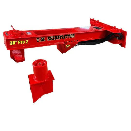 TM Pro 2 Wood Splitter 30" Skid Steer with window in beam, 30" stroke, single and 4-way wedge, made in USA.