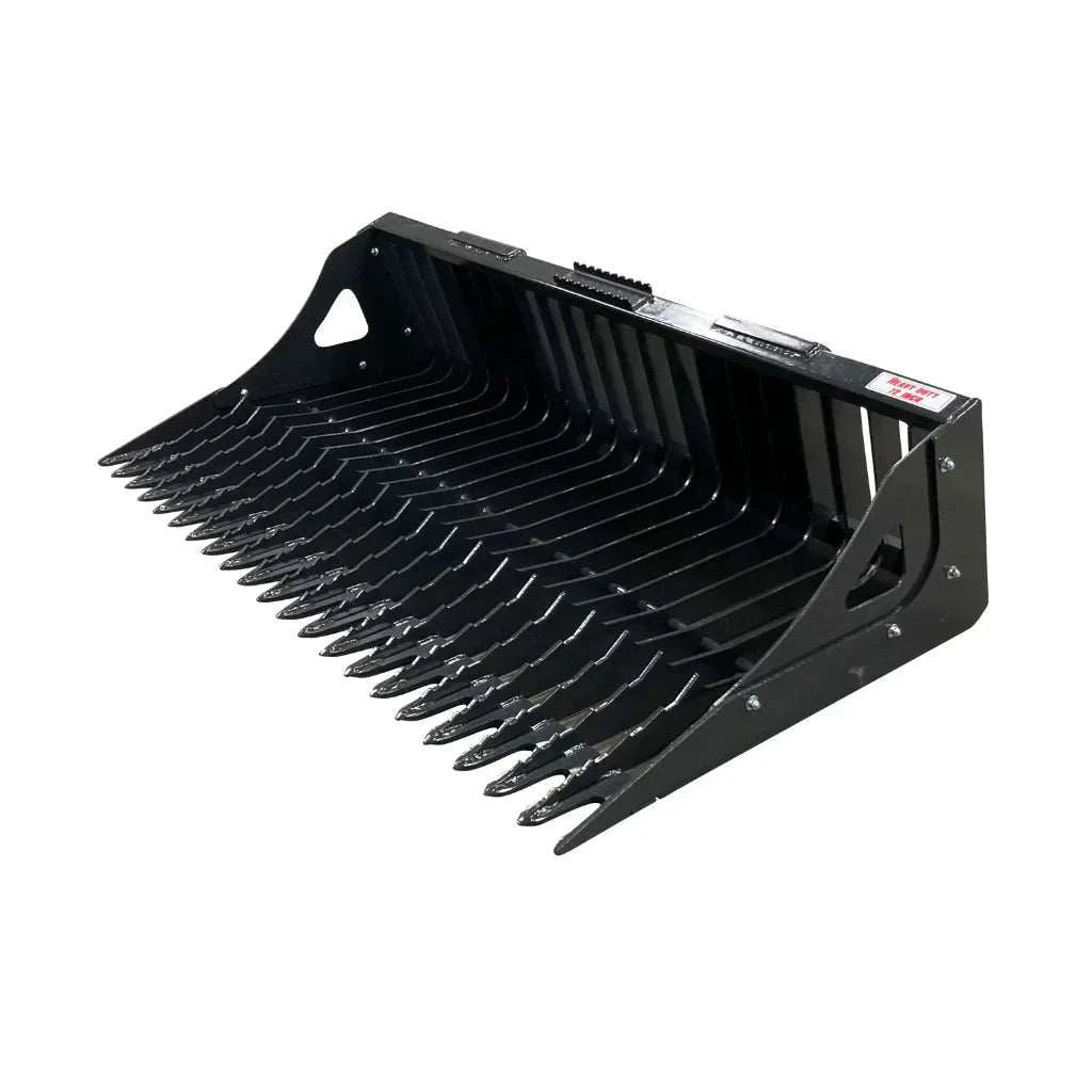 Stout Skid Steer 5550 Series Rock Bucket with 3" tine spacing, black steel construction, and bolt-on side option.