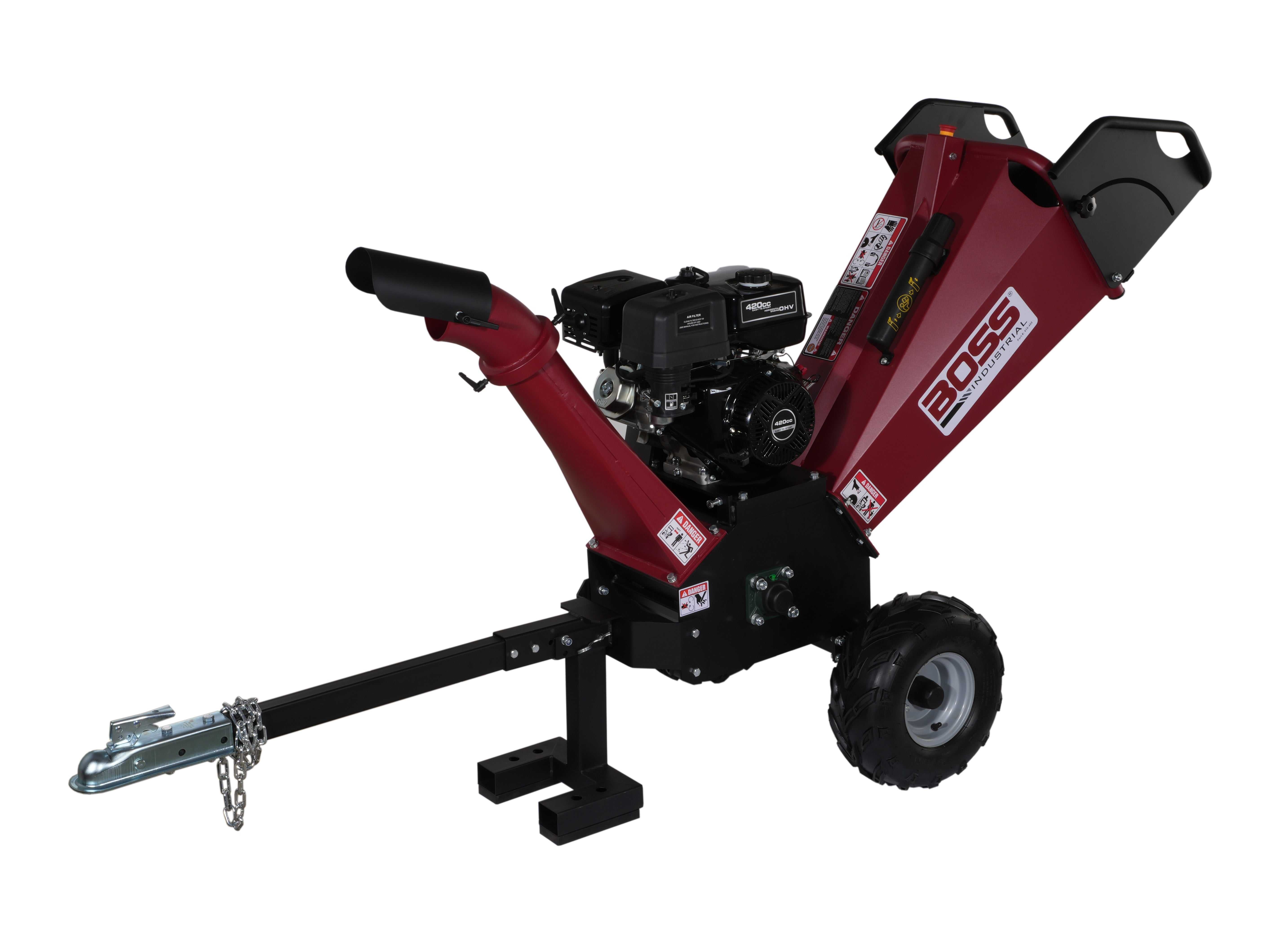 Boss Industrial 5-Inch 15hp Gas Chipper Shredder with Dual Belt Drive, Tow Hitch, Extended Axle, Briggs & Stratton Engine.