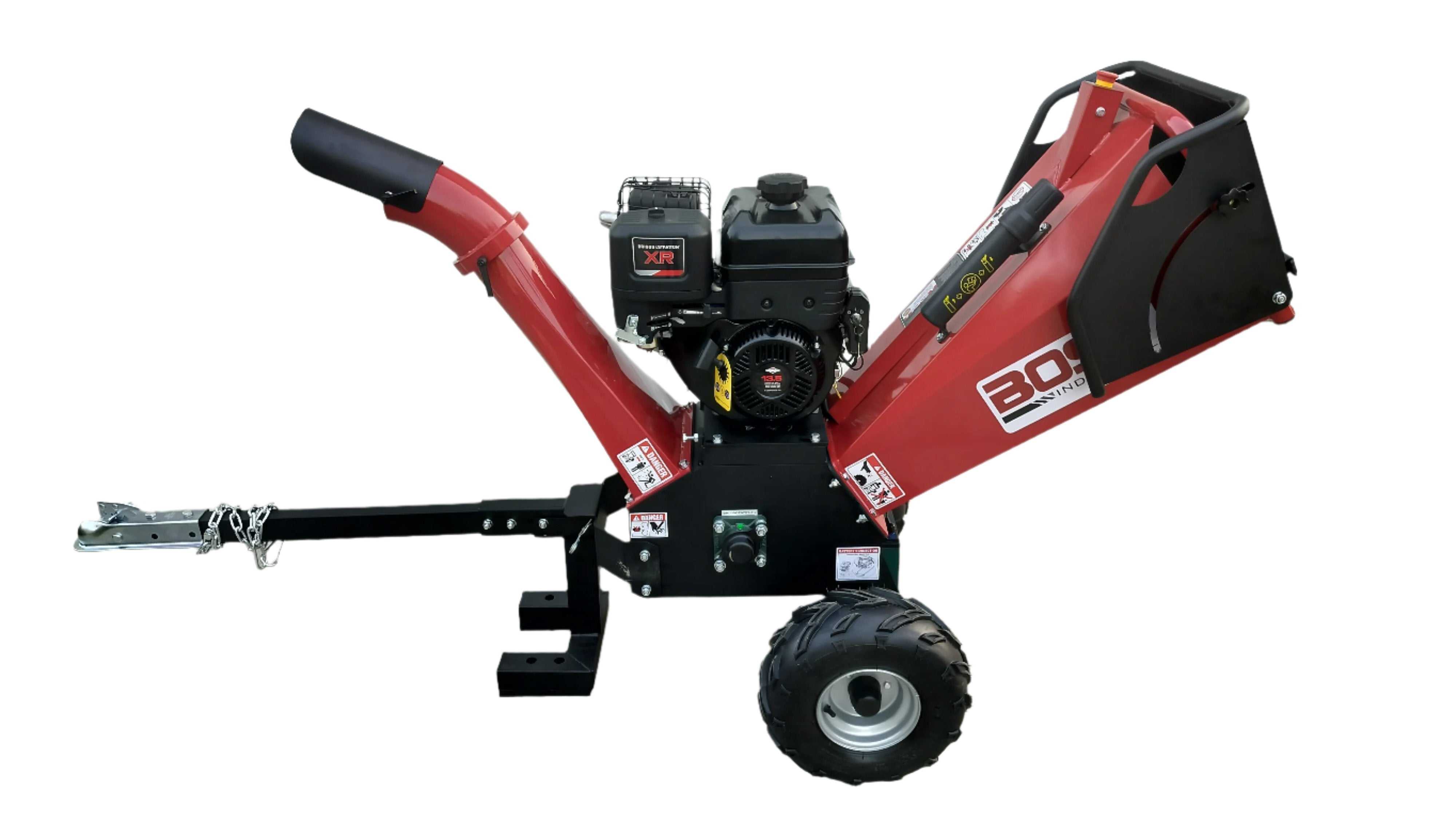 Boss Industrial 5 Inch 15hp Gas Chipper Shredder with dual belt drive, extended axle, and tow hitch.