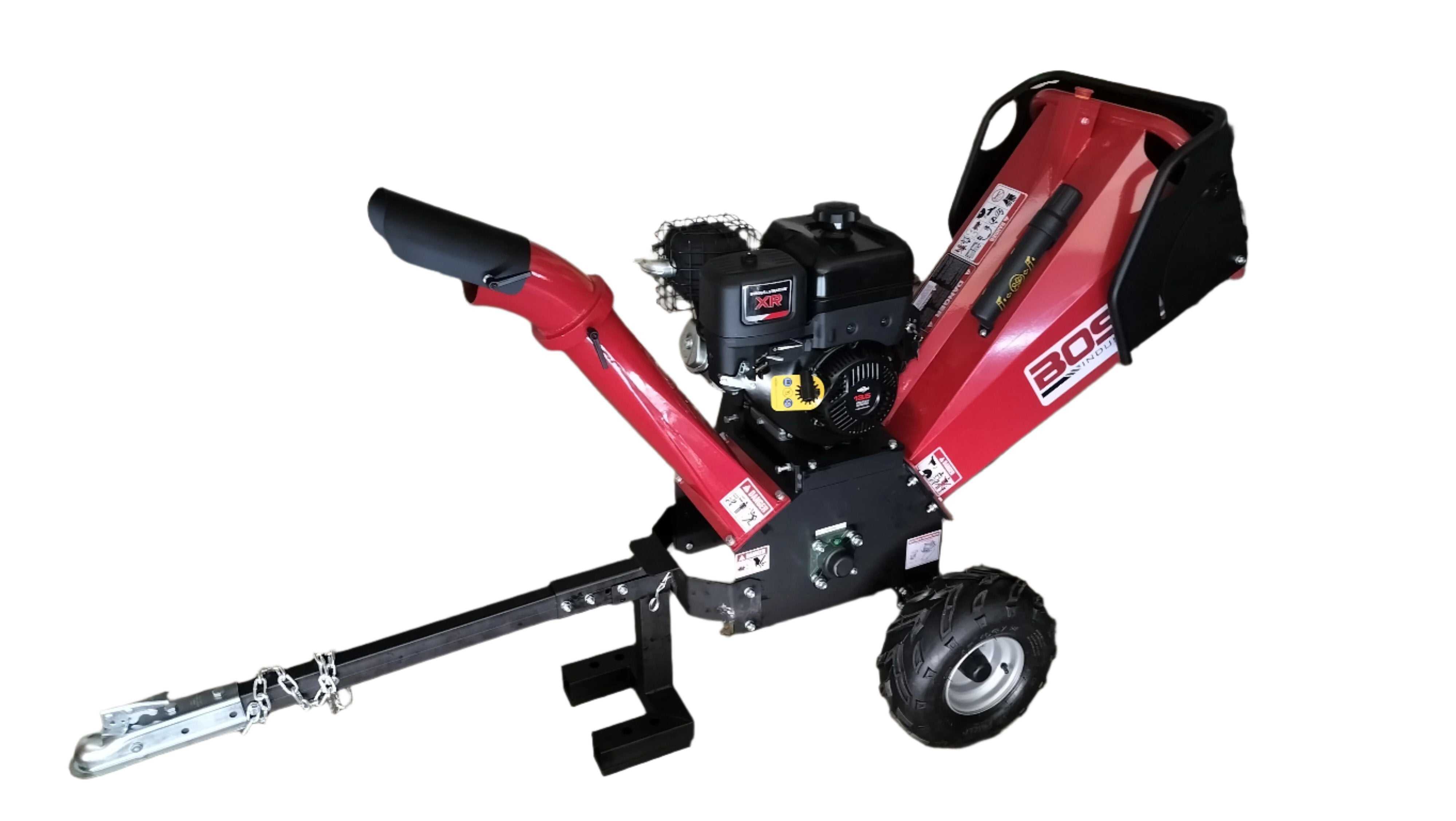Boss Industrial CGR50 5-Inch 15hp Gas Powered Chipper Shredder with dual belt drive and tow hitch.