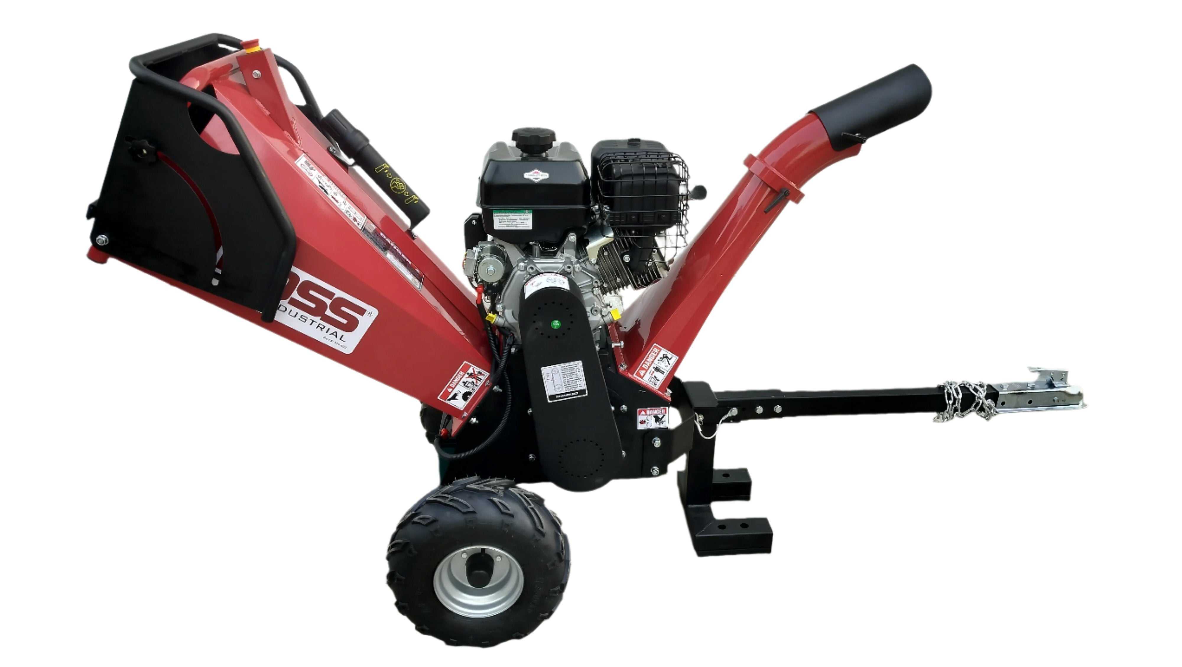 Boss Industrial 5-Inch 15hp Gas Powered Chipper Shredder with dual belt drive, extended axle, and tow hitch.
