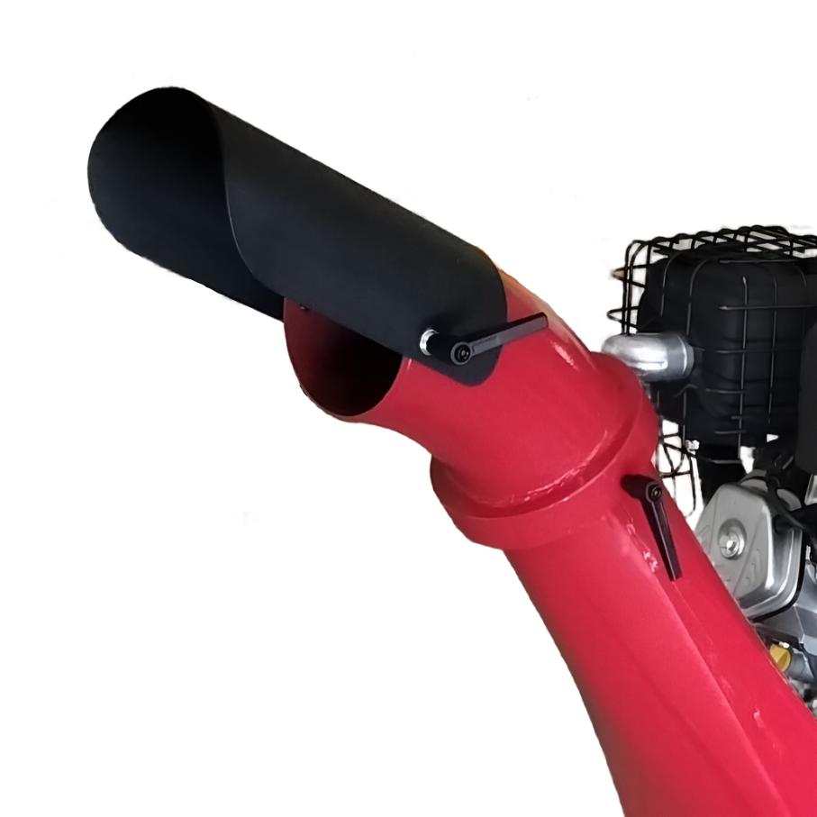 Boss Industrial 5-inch 15hp gas-powered chipper shredder with dual belt drive, extended axle, and tow hitch, features an adjustable expulsion chute.