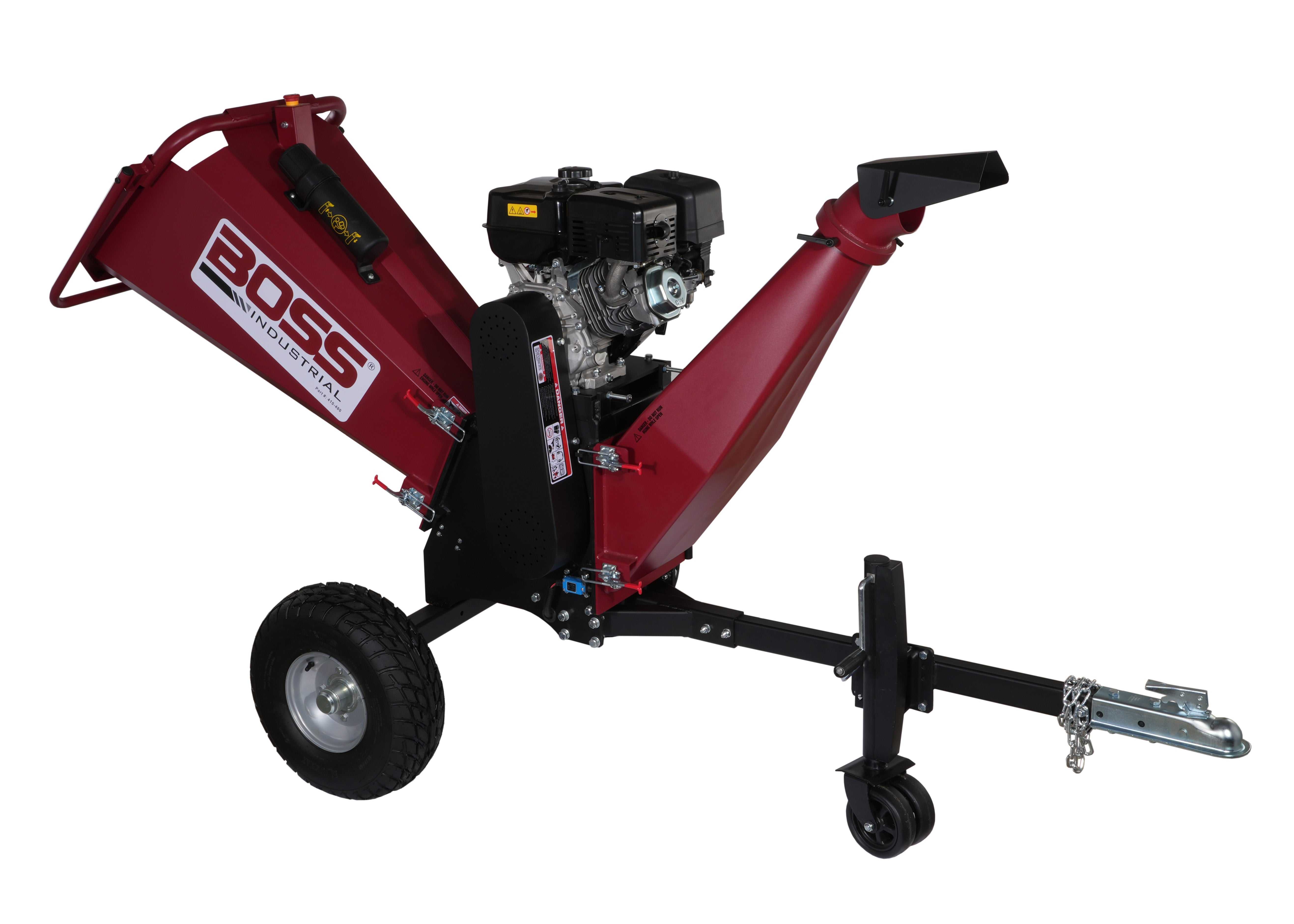 Boss Industrial 6-Inch Chipper Shredder with Briggs & Stratton engine and electric start, showcasing dual-belt driven drum and tool-free tow bar.