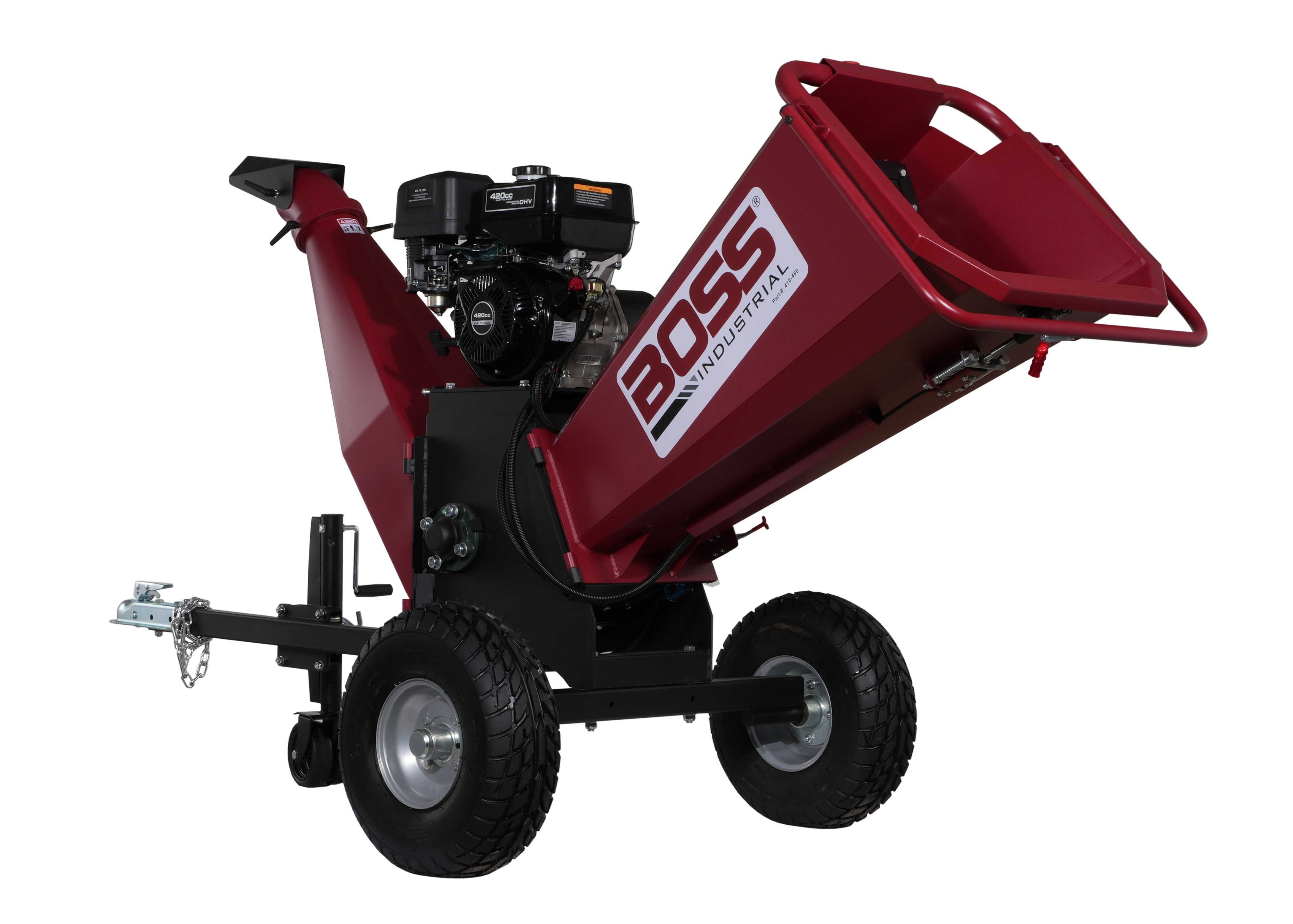 Boss Industrial 6 Inch 15hp Gas Chipper Shredder with Electric Start on wheels, featuring a powerful Briggs & Stratton engine, dual-belt driven drum, and adjustable expulsion chute.
