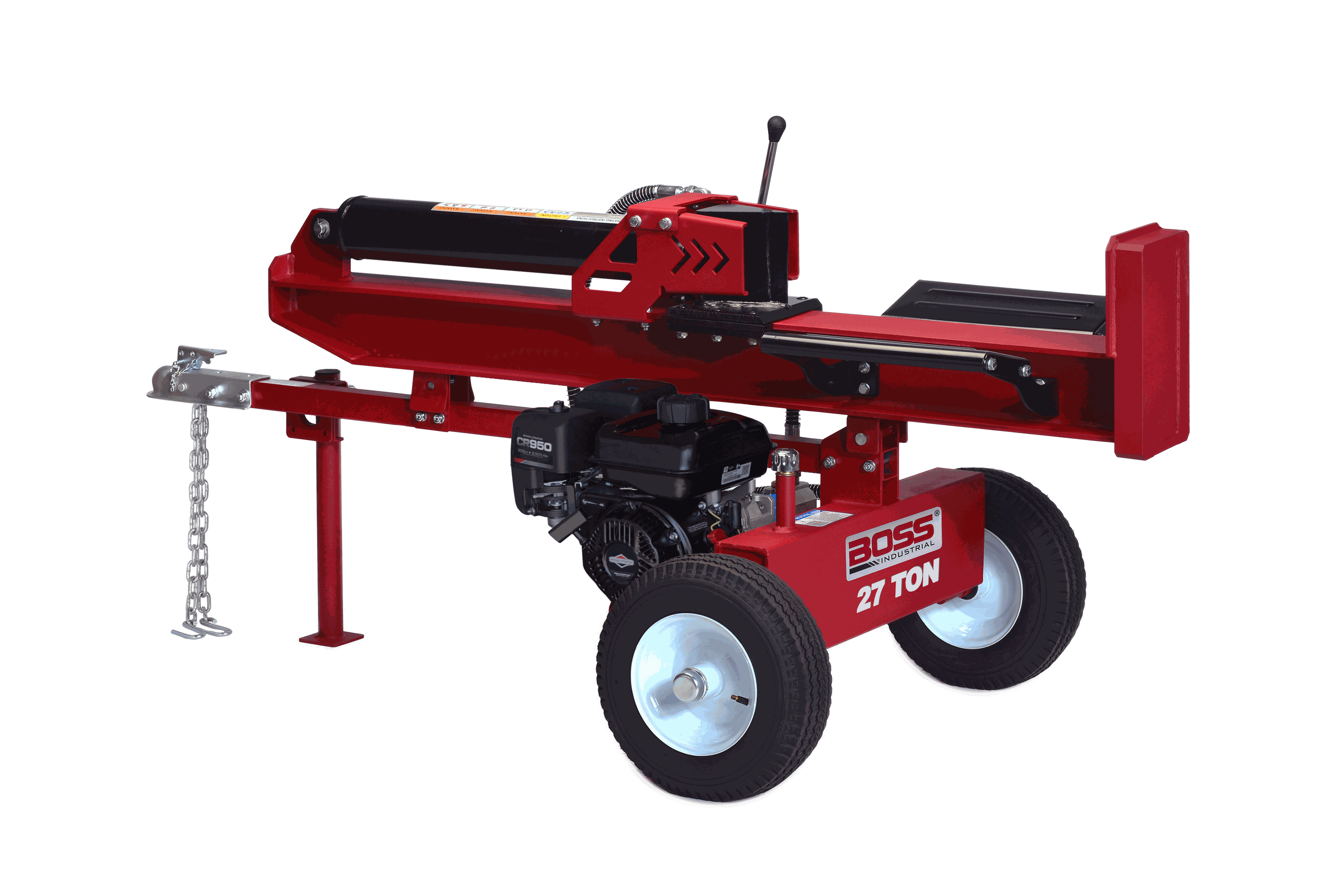 Boss Industrial 27-Ton Gas Log Splitter with horizontal and vertical operation, featuring Briggs & Stratton engine and durable construction for efficient log splitting.