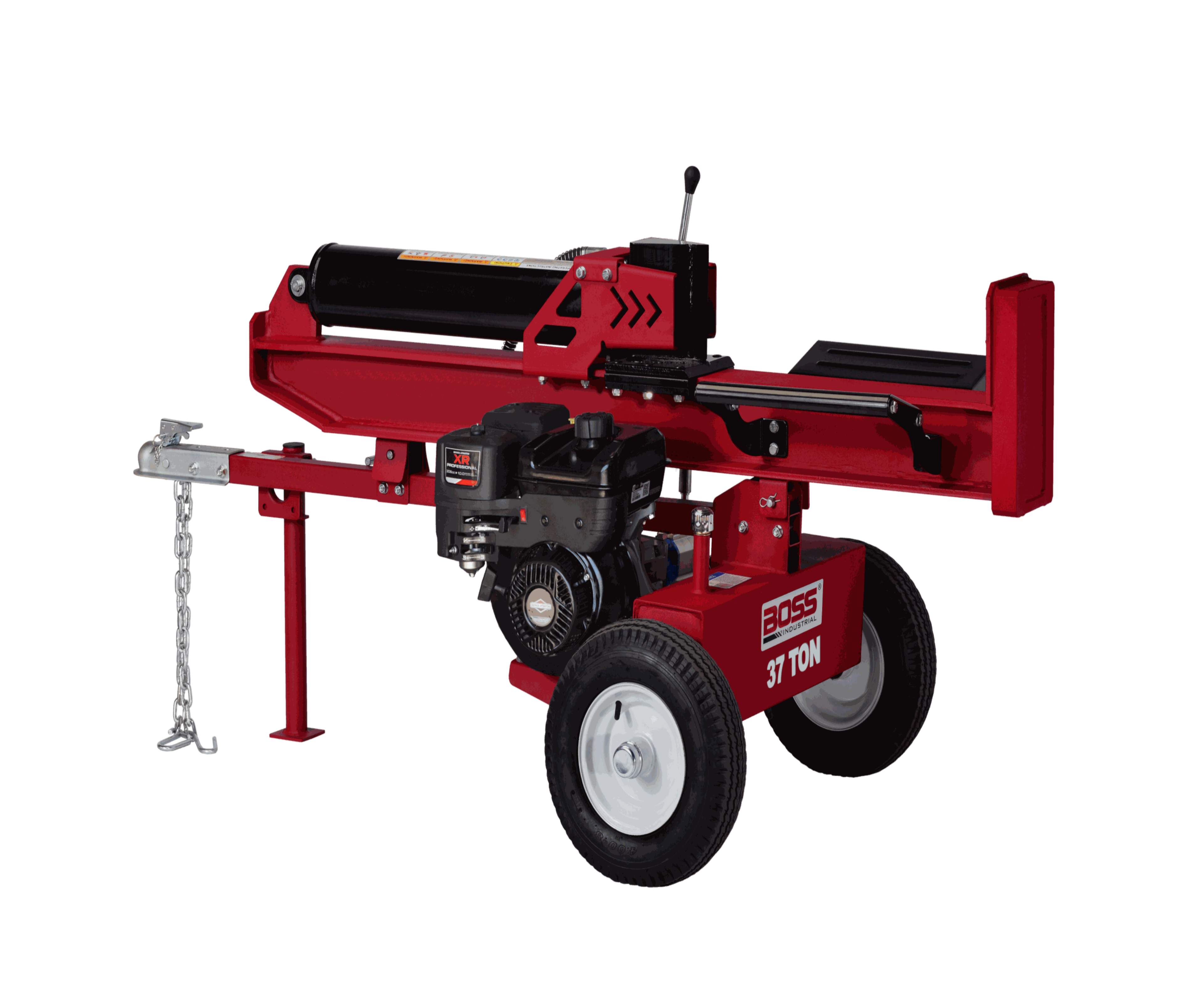 Boss Industrial 37-Ton Gas Log Splitter with Briggs & Stratton engine and horizontal/vertical capability.