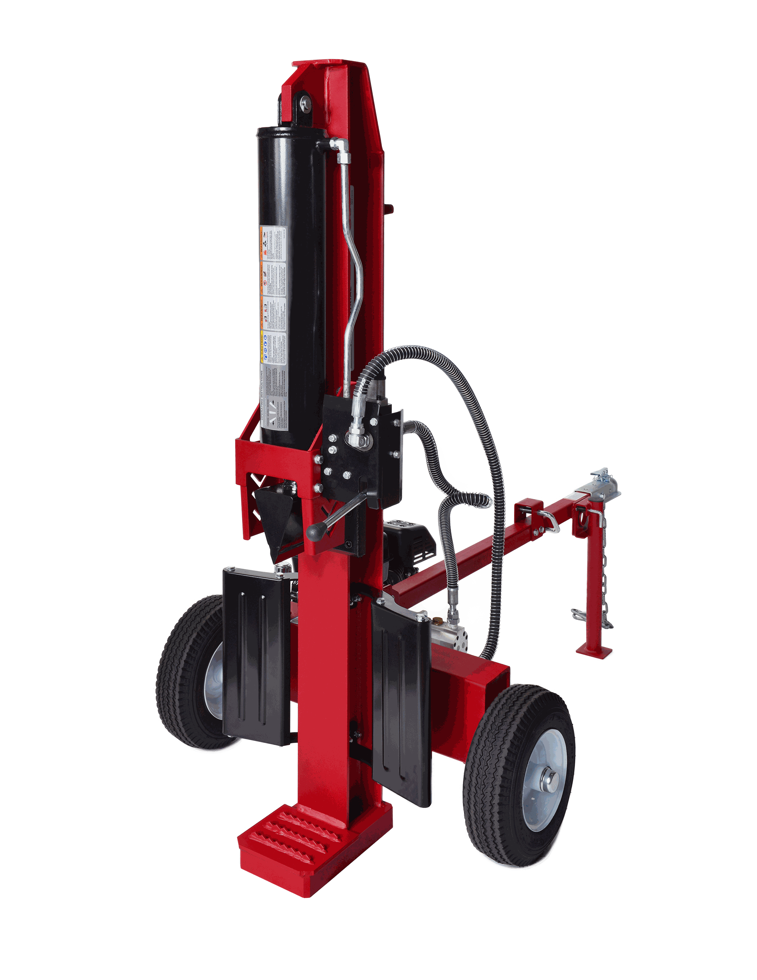 Boss Industrial 37-Ton Gas Log Splitter in vertical position showcasing hydraulic system, wheels, and trailer hitch for easy transport.