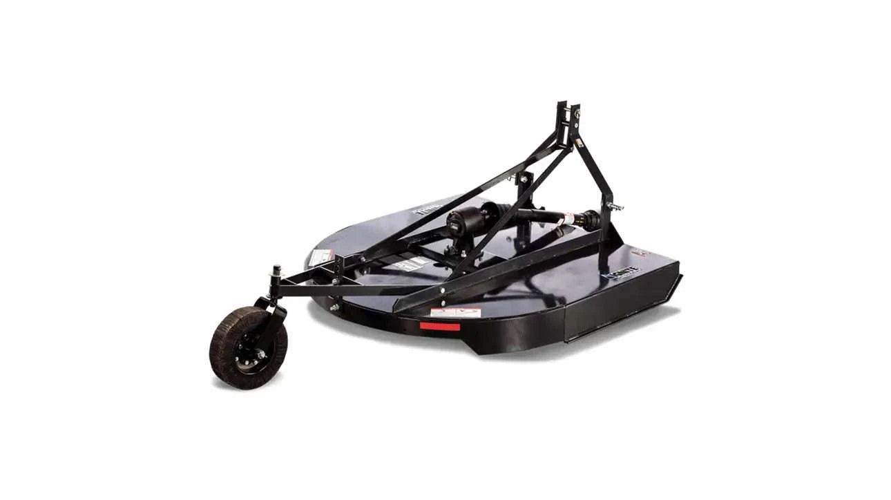 48-inch rotary cutter for tractors with heavy-duty heat-treated blades, adjustable cutting heights, and shear-bolt protection, designed for durability and performance on tough terrain.