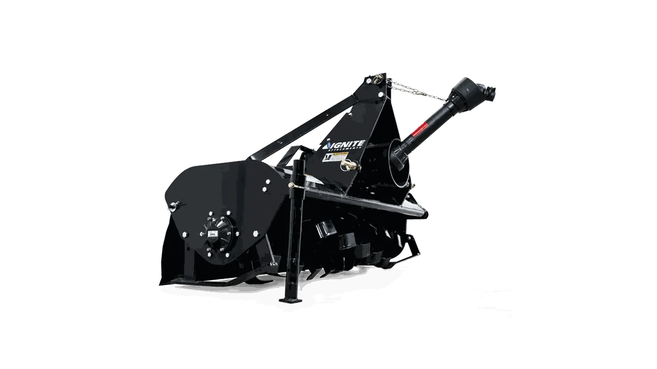 60 Inch 3-Point Tiller for tractors with gear-driven driveline, bi-directional tilling, self-sharpening tines, made for precision soil cultivation.