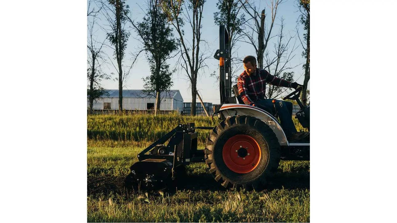 48 inch 3-point tractor tiller for gardens and soil preparation.