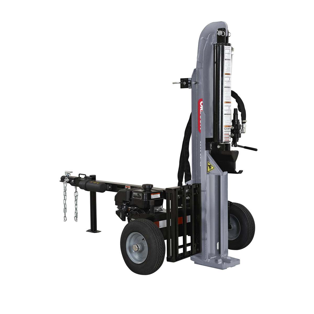 Oregon 30-Ton Gas Log Splitter with Kohler engine, heavy-duty H-beam construction, horizontal and vertical operation, and 30-ton splitting force.