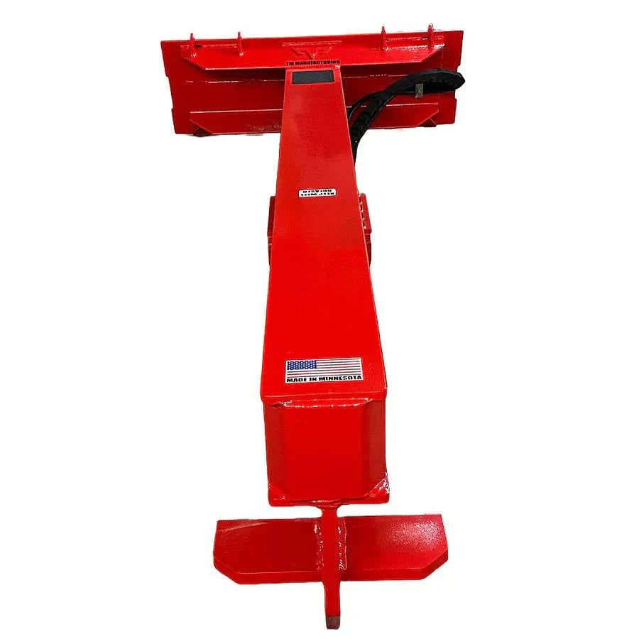 Skid steer wood splitter with 36-inch stroke and 4-way wedge. Made in USA.