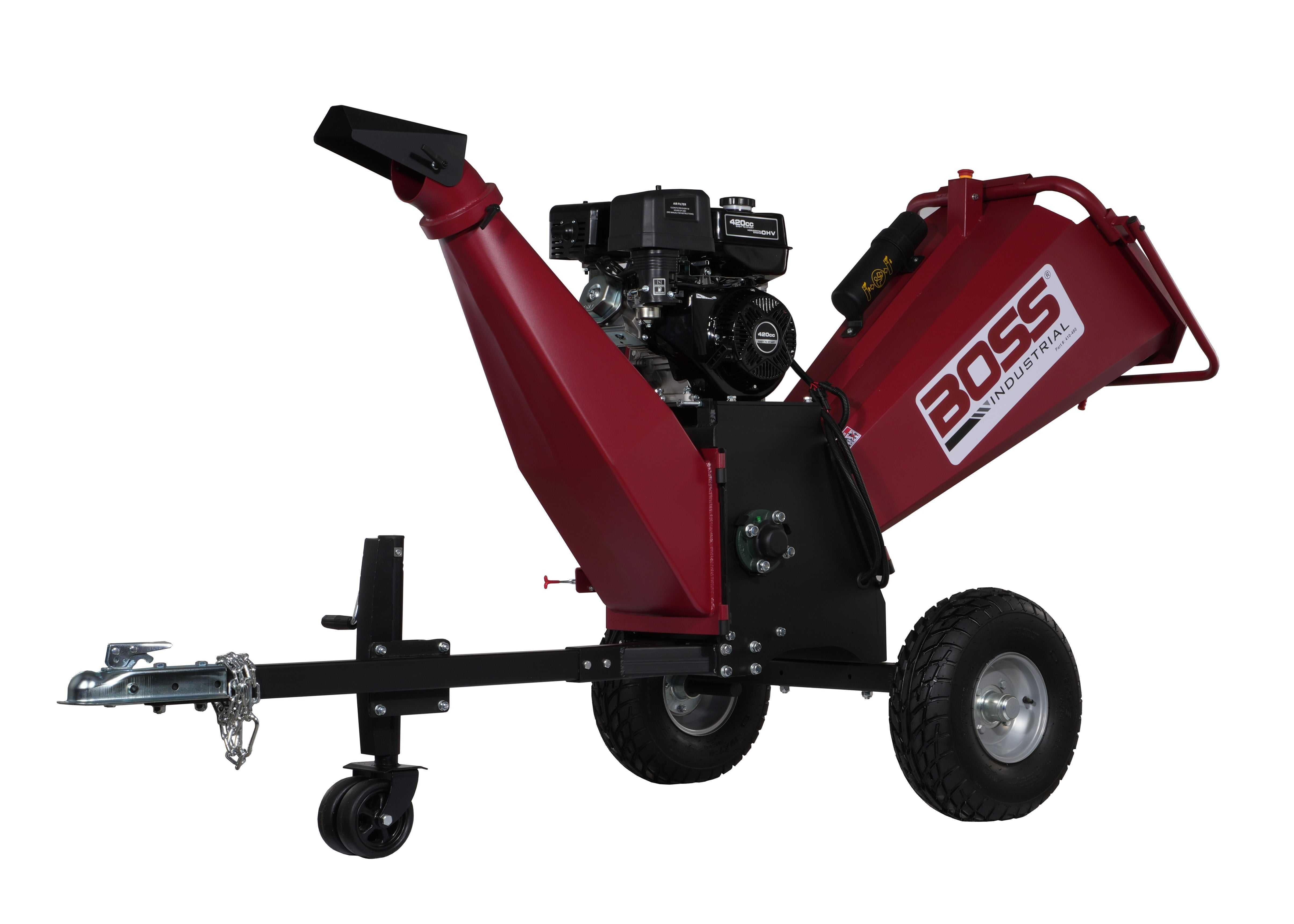 Boss Industrial 6-inch chipper shredder with 15hp Briggs & Stratton engine and electric start, featuring dual-belt driven drum and ATV tubeless tires.